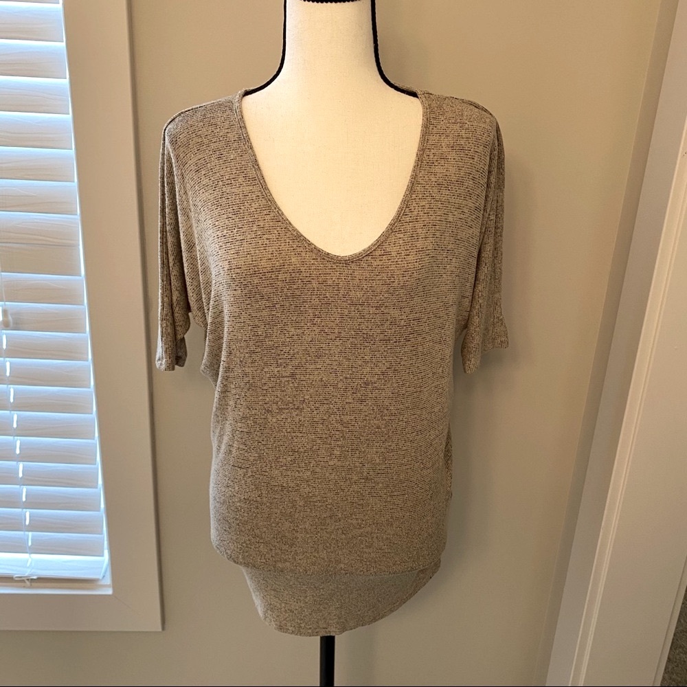 Aiden Y || Tan/black v-neck short sleeve top
